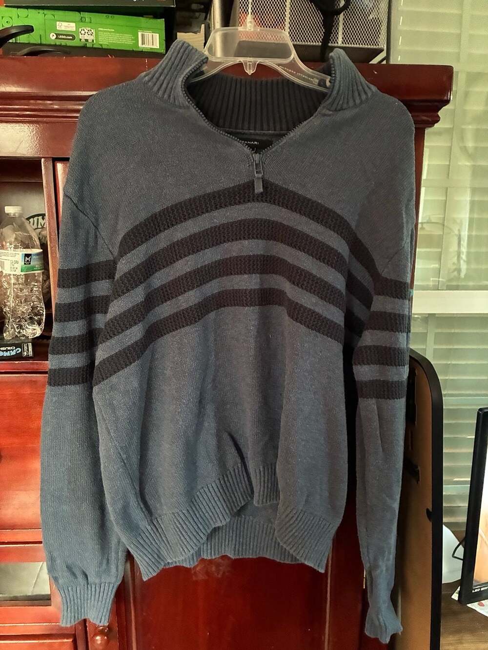 Tahari Mens Quarter Zip Pullover Striped Mock Neck Sweater Indigo Size XXL